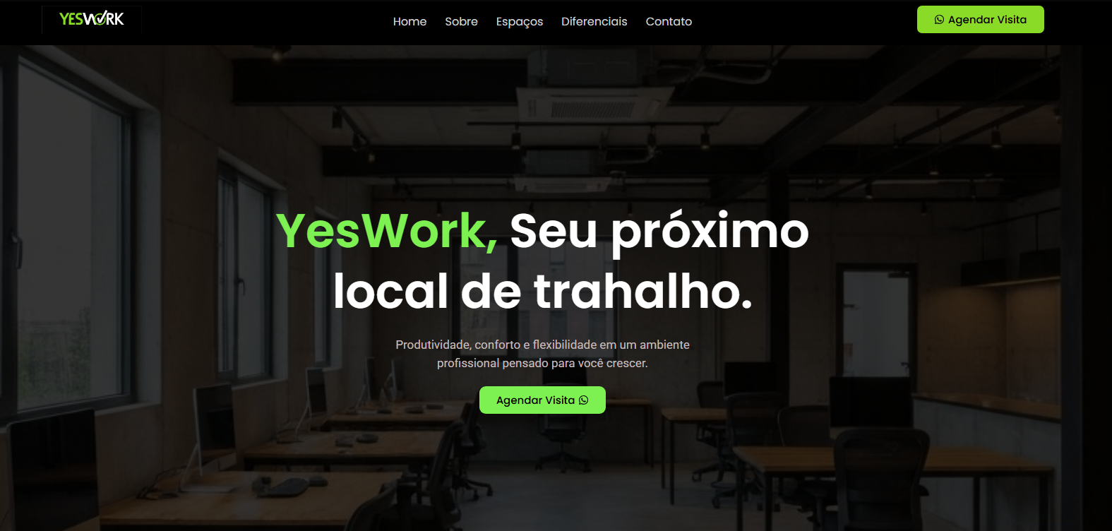 Preview do site institucional do coworking YesWork, com ambiente de trabalho e destaque verde